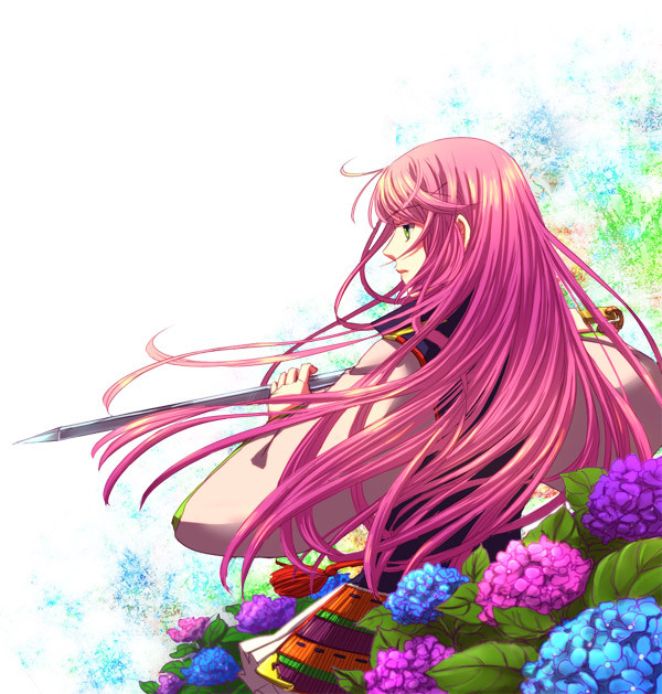1girl, bangs, expressionless, eyebrows_visible_through_hair, flower, green_eyes, harukanaru_toki_no_naka_de_3, holding