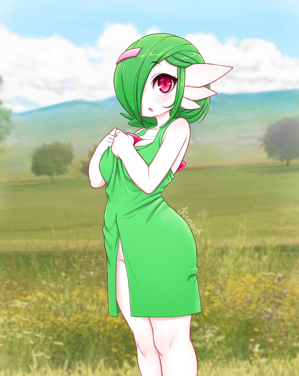 1girl, :o, bare_shoulders, blush, bob_cut, breasts, day, dress, eyebrows, eyebrows_visible_through_hair, eyelashes, feet_out_of_frame, from_side, gardevoir, green_dress, green_hair, hair_ornament, hair_over_one_eye, hairclip, hands_up, highres, hips, kionant, looking_at_viewer, medium_breasts, medium_hair, no_panties, outdoors, parted_lips, photo_background, pokemon, pokemon_(creature), red_eyes, signature, solo, standing, thick_thighs, thighs, white_skin, wide_hips