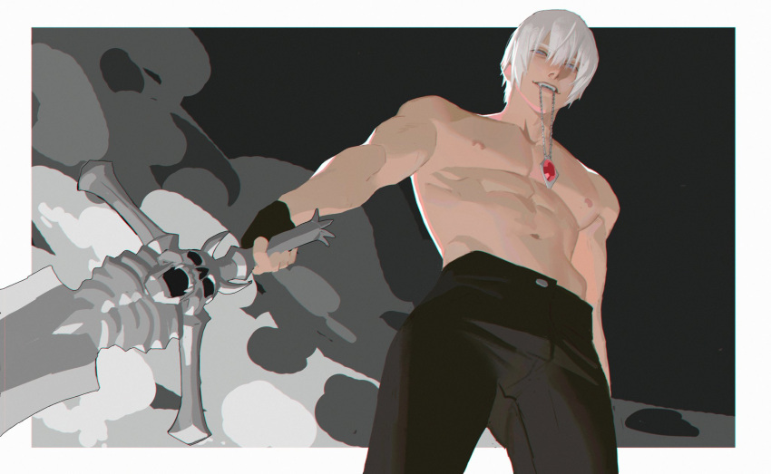 1boy, abs, bangs, black_gloves, black_pants, blue_eyes, dante_(devil_may_cry), devil_may_cry_(series)