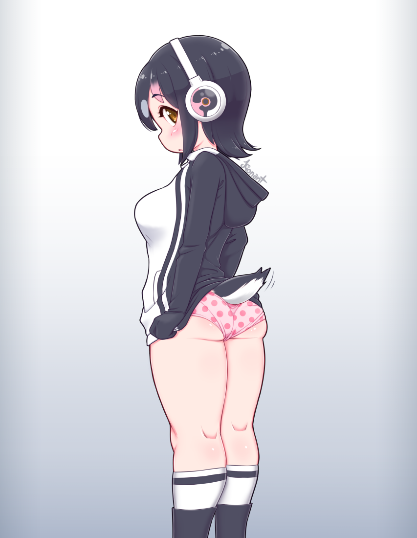 1girl, ass, black_hair, blush, feet_out_of_frame, from_behind, grey_background, headphones