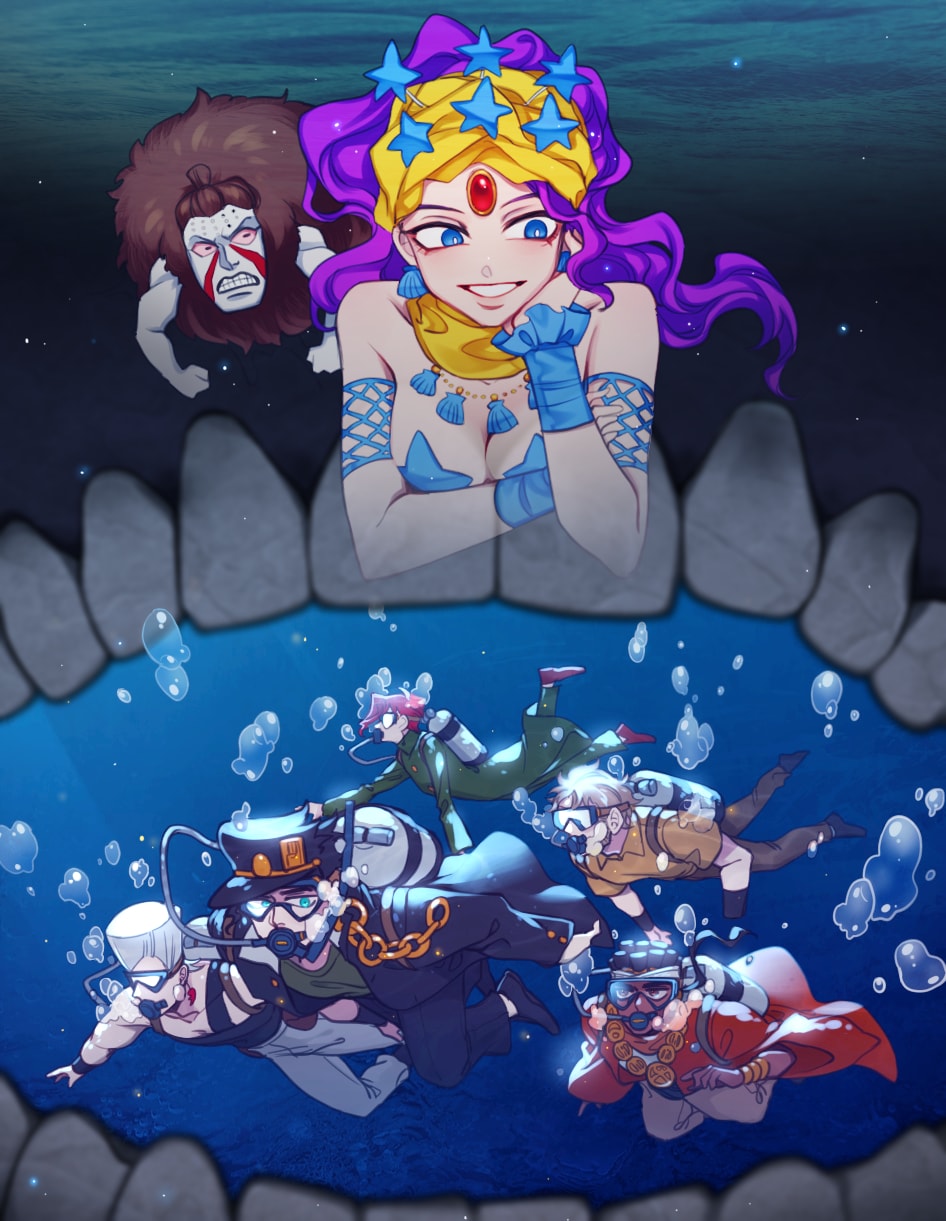 1girl, 6+boys, blue_eyes, diving_mask, diving_regulator, flattop, flippers, forehead_jewel