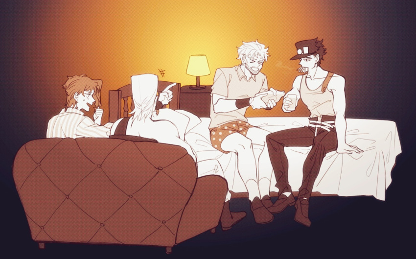 4boys, beard, bedroom, boxers, cigarette, couch, drink, facial_hair