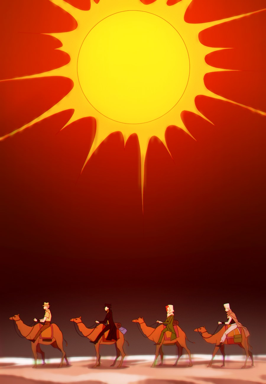 4boys, camel, cape, desert, hat, head_scarf, highres, jean_pierre_polnareff