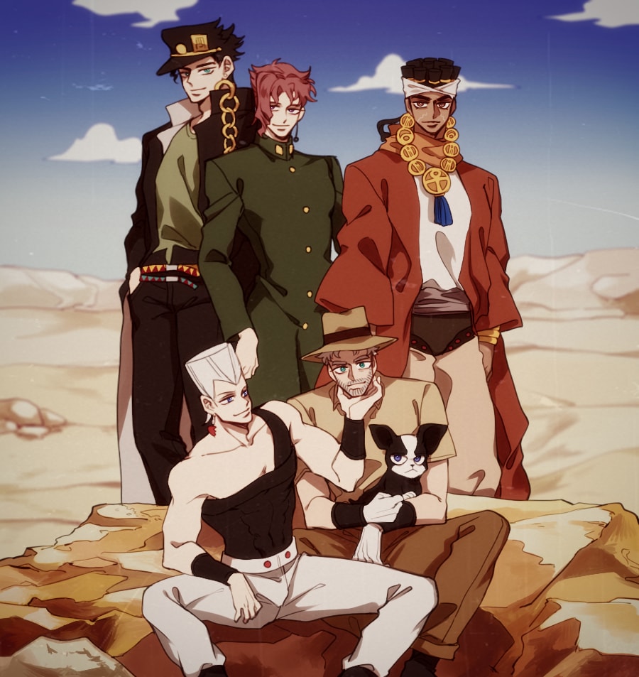 5boys, beard, black_hair, boston_terrier, brown_hair, desert, dog, earrings, facial_hair, fedora, grey_hair, hat, iggy_(jojo), jean_pierre_polnareff, jewelry, jojo_no_kimyou_na_bouken, joseph_joestar, joseph_joestar_(old), kakyoin_noriaki, kujo_jotaro, looking_at_viewer, mohammed_avdol, multiple_boys, necklace, pose, redhead, sempon_(doppio_note), smile, stardust_crusaders