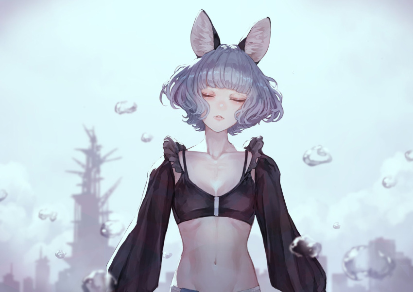 1girl, animal_ears, bangs, blunt_bangs, breasts, closed_eyes, facing_viewer, grey_hair