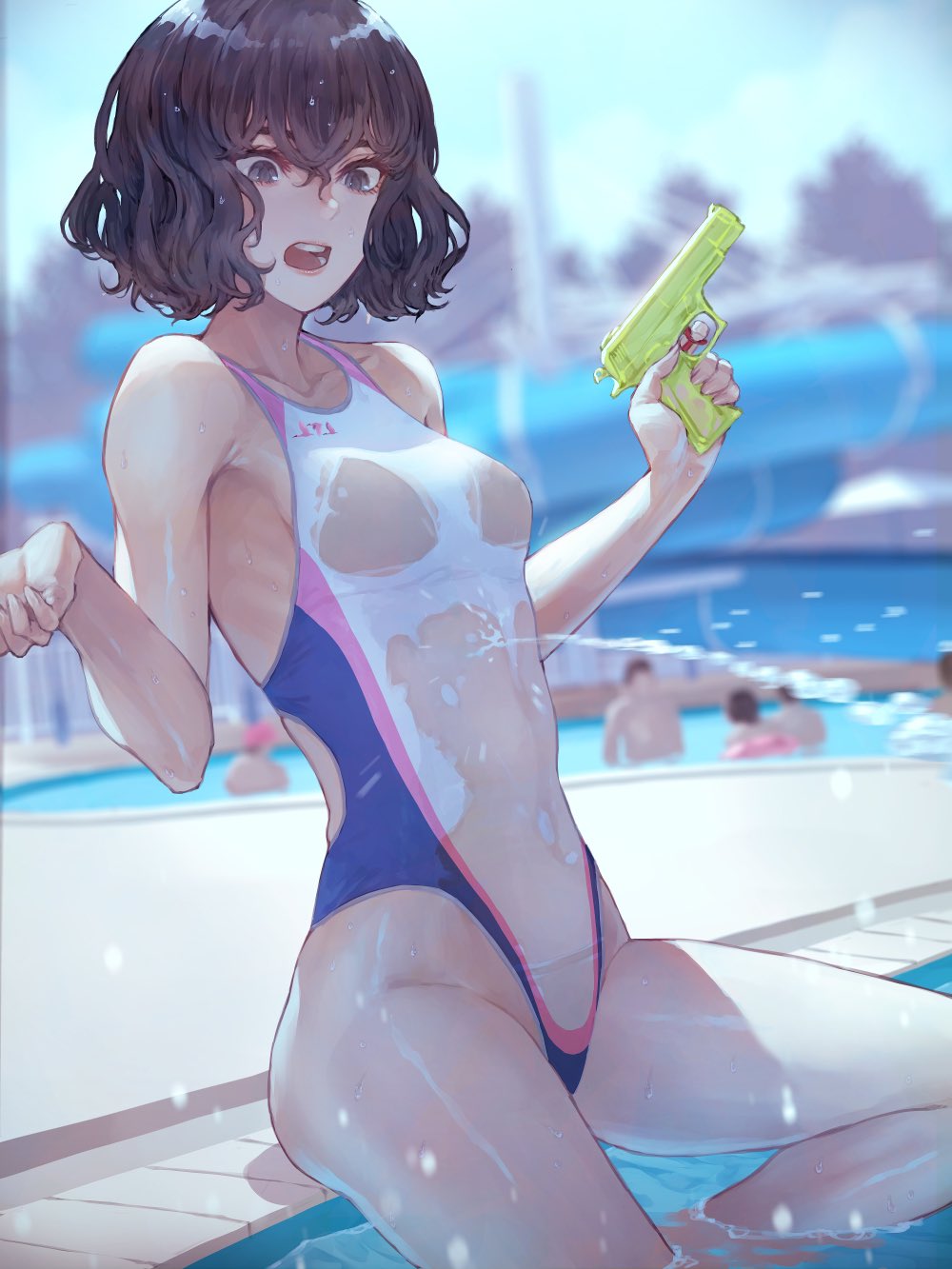 1girl, bangs, black_eyes, black_hair, breasts, competition_swimsuit, highres, holding, holding_water_gun, kaoming, nanjou_ao, navel, one-piece_swimsuit, open_mouth, original, poolside, see-through, short_hair, sitting, solo_focus, swimsuit, teeth, water, water_gun, white_swimsuit