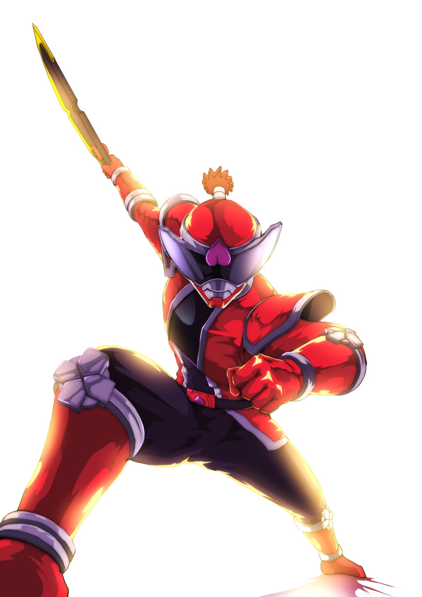 1boy, avataro_sentai_donbrothers, belt, black_belt, clenched_hand, donmomotarou, gloves, helmet, highres, holding, holding_sword, holding_weapon, looking_at_viewer, male_focus, red_gloves, shadow, solo, super_sentai, sword, tihiro, tokusatsu, weapon, white_background
