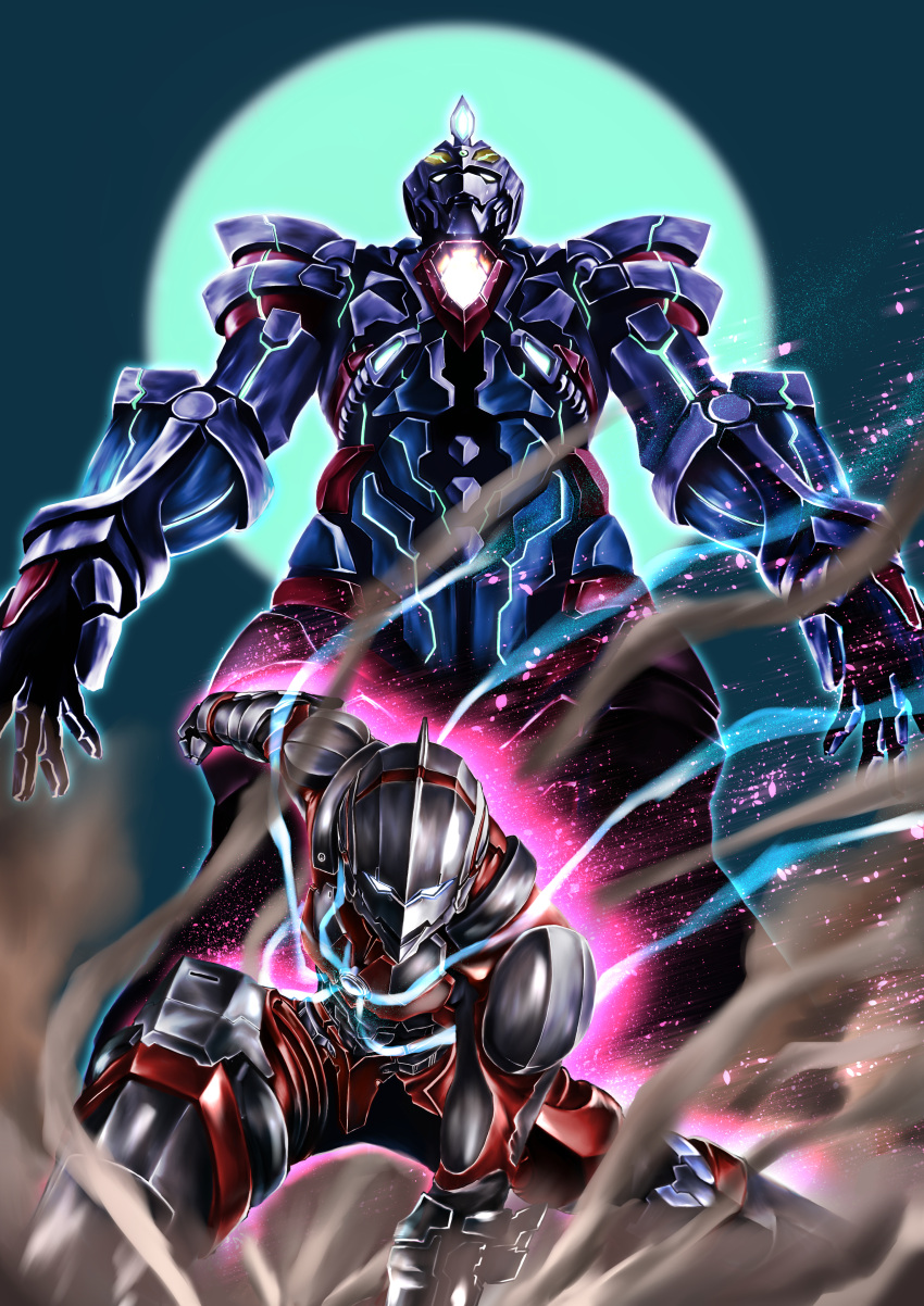 2boys, absurdres, blue_eyes, crossover, glowing_hands, gridman_(ssss), gridman_universe, highres
