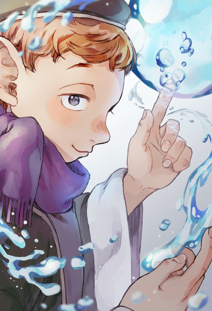 1boy, black_headwear, bubble, close-up, dungeon_meshi, flatamany, gnome, grey_eyes