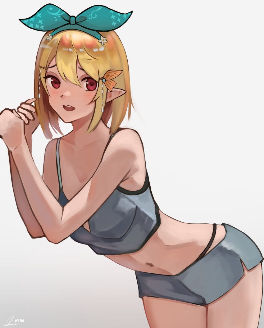 1girl, absurdres, alternate_hair_length, alternate_hairstyle, bangs, blonde_hair, breasts, collarbone, english_commentary, flower, green_ribbon, grey_background, grey_shorts, grey_sports_bra, hair_flower, hair_ornament, hair_ribbon, highres, leaning_forward, nannachu7, nijisanji, nijisanji_en, photo-referenced, pomu_rainpuff, ribbon, short_hair, short_shorts, shorts, small_breasts, solo, sports_bra, virtual_youtuber, white_flower