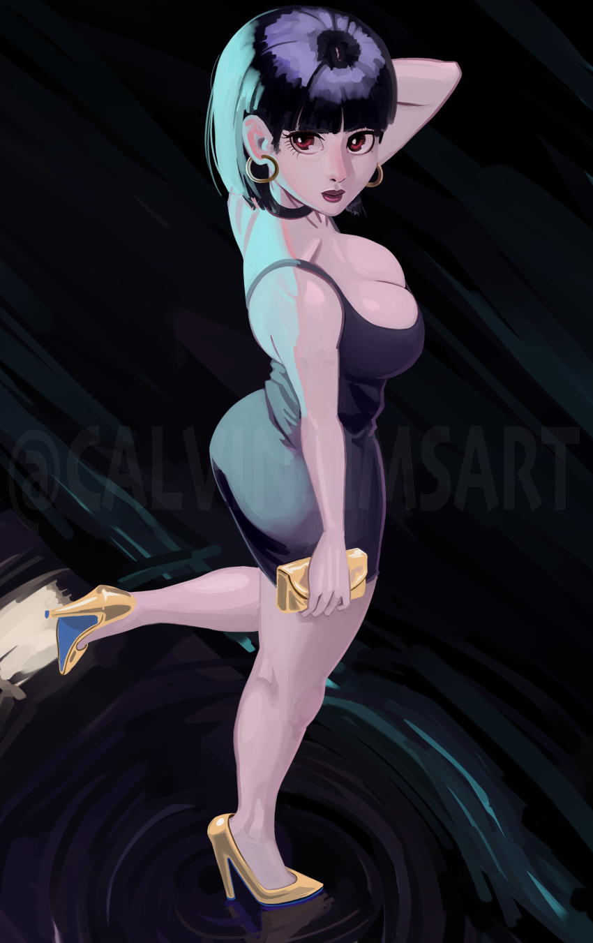 1girl, abstract_background, bangs, black_dress, black_hair, blunt_bangs, breasts, calvin_sims