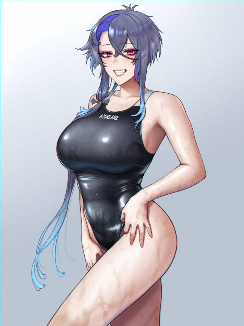 1girl, ahoge, alternate_costume, asymmetrical_hair, azur_lane, bangs, bare_legs, black_swimsuit