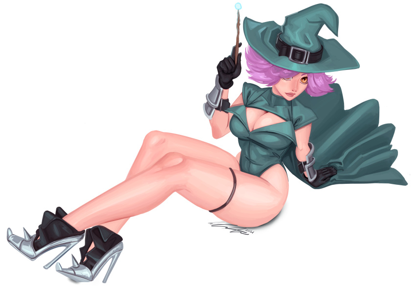 1girl, 2021, arm_support, armor, black_gloves, breasts, calvin_sims, cape