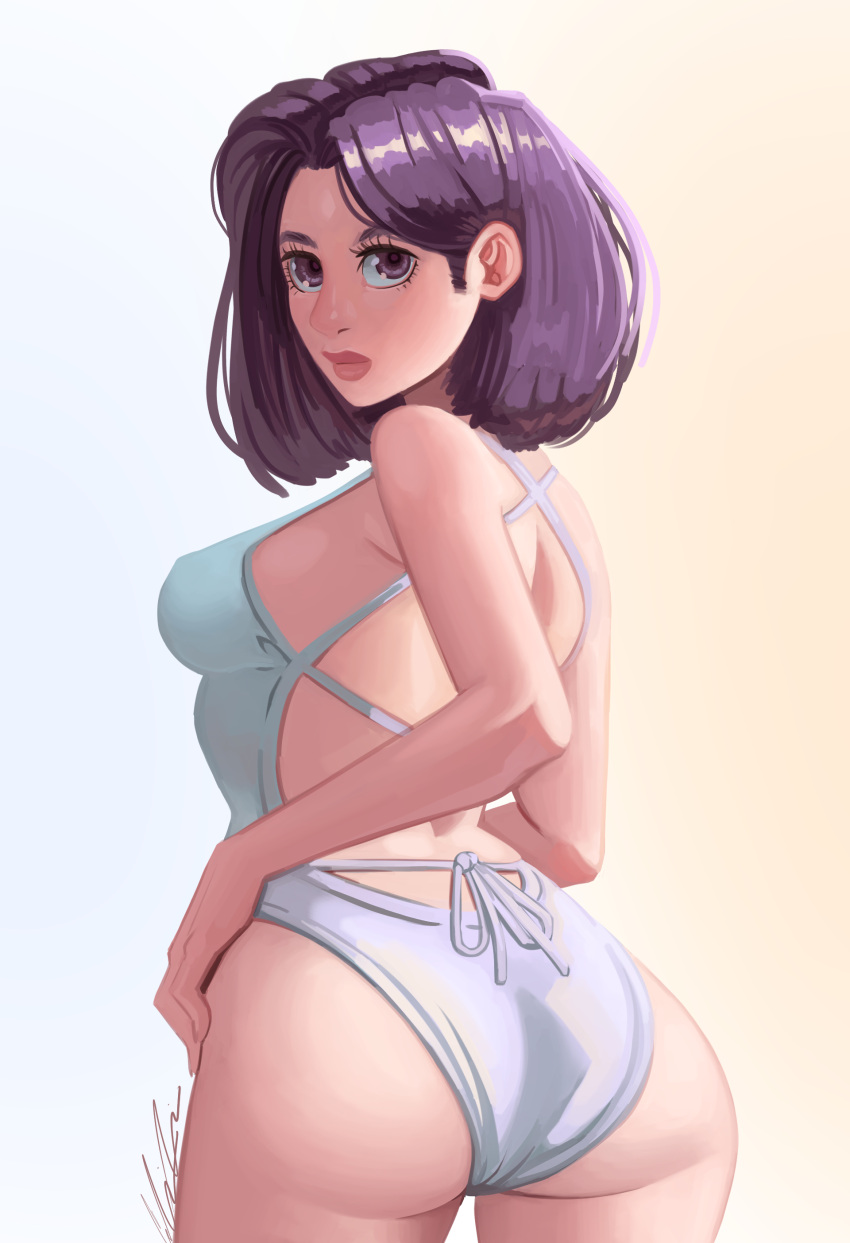 1girl, ass, breasts, calvin_sims, cowboy_shot, eyelashes, female, gradient_background, hand_on_hip, lipstick, looking_back, medium_breasts, one-piece_swimsuit, original, pink_lipstick, purple_eyes, purple_hair, short_hair, sideboob, signature, simple_background, solo, swimsuit, white_swimsuit