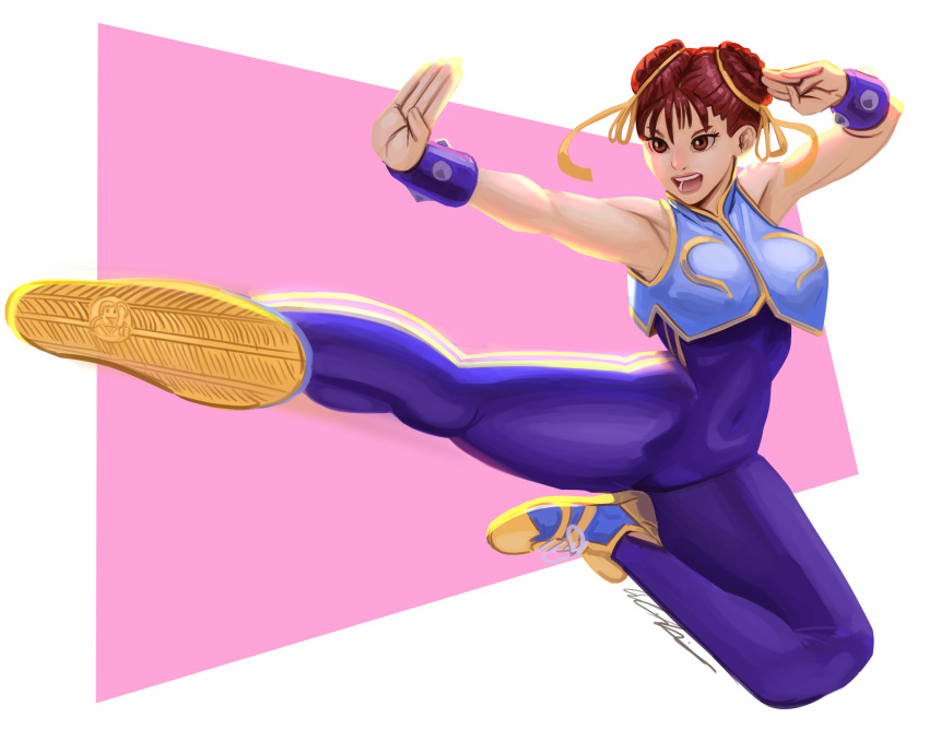 1girl, bangs, blue_legwear, bodysuit, bracelet, breasts, brown_eyes, brown_hair