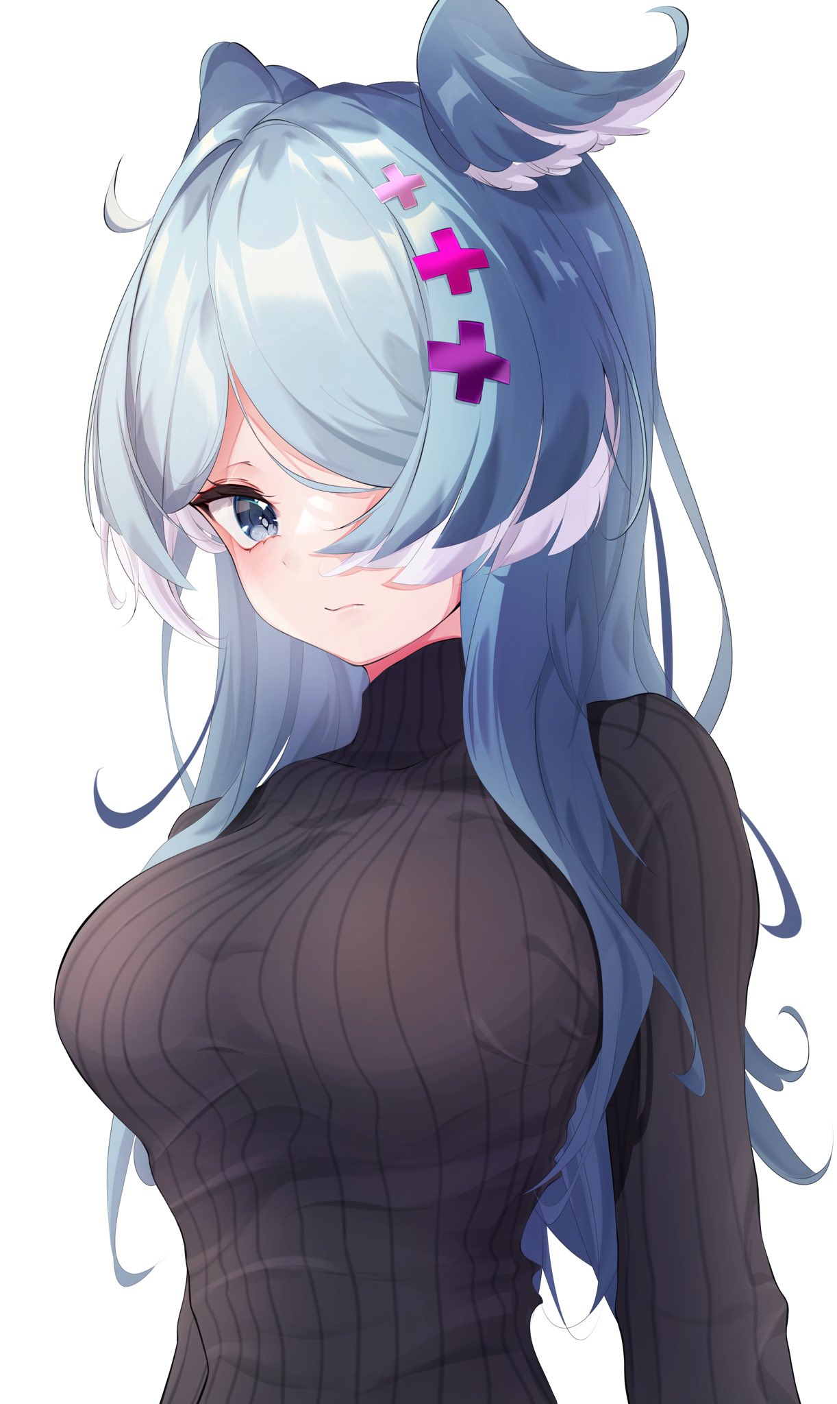 1girl, alternate_costume, animal_ears, arms_at_sides, black_sweater, blue_eyes, blue_hair, breasts
