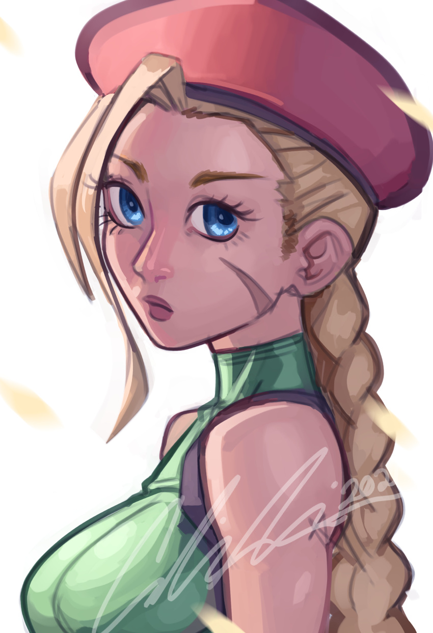 1girl, 2021, ahoge, beret, blonde_hair, blue_eyes, bodysuit, braid, breasts, cammy_white, capcom, dated, eyelashes, facial_scar, female, hat, long_hair, looking_at_viewer, medium_breasts, scar, signature, simple_background, solo, street_fighter, upper_body, very_long_hair, white_background