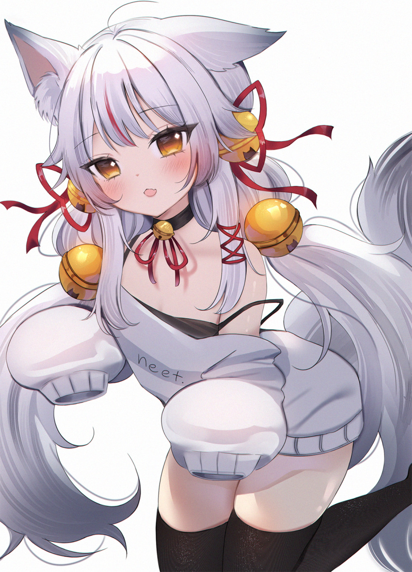 1girl, animal_ear_fluff, animal_ears, anyuu, bell, black_camisole, black_choker, black_legwear
