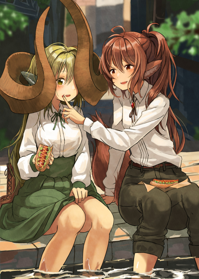 159cm, 2girls, :d, animal_ears, belt, boots, boots_removed, brooch