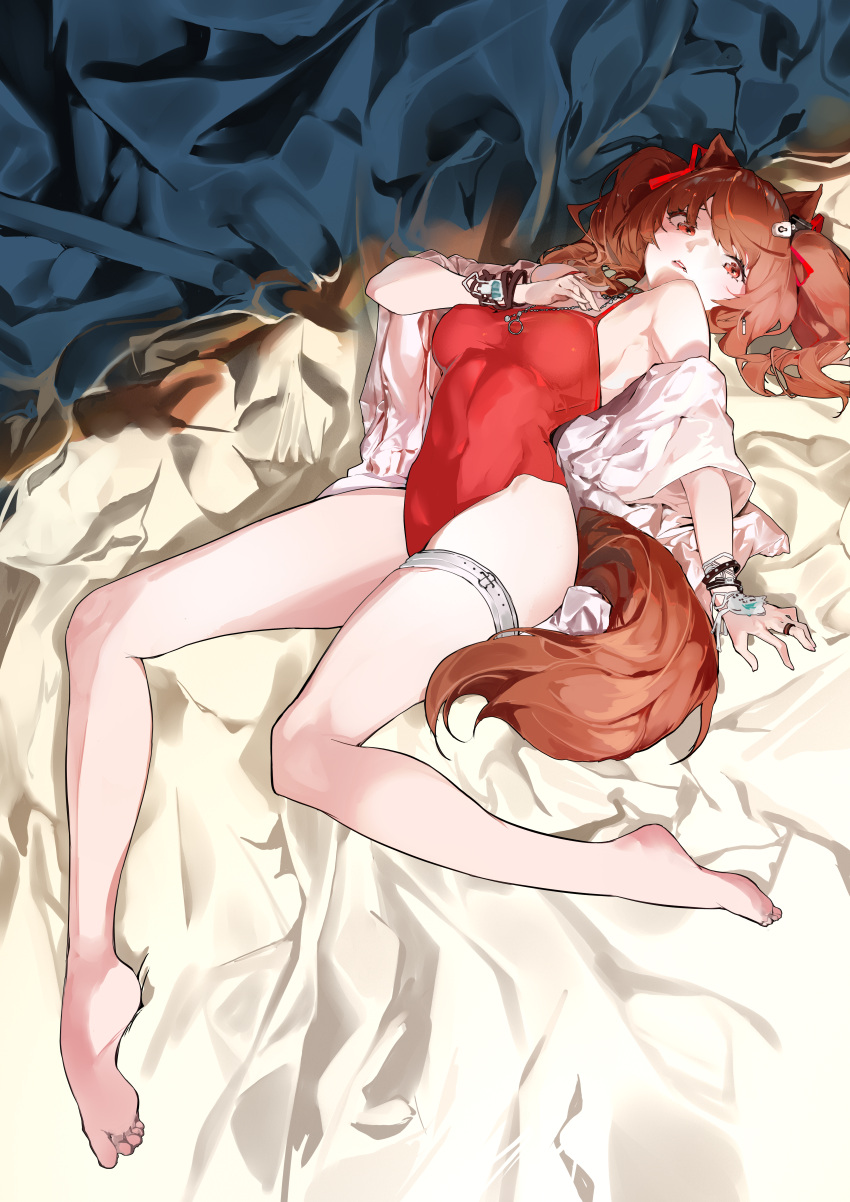 1girl, absurdres, angelina_(arknights), angelina_(summer_flowers)_(arknights), animal_ears, arknights, bare_legs, bare_shoulders