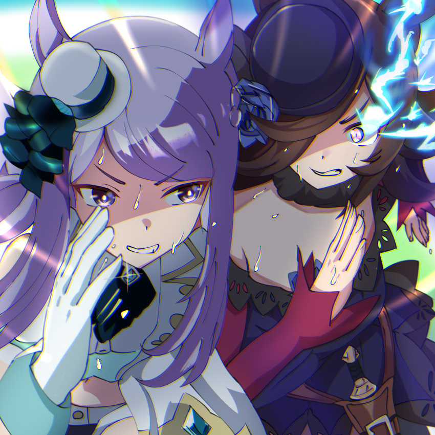 2girls, animal_ears, bangs, black_dress, black_headwear, blue_flower, blue_rose, blue_sky