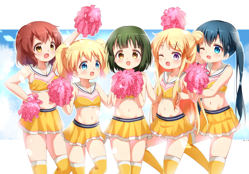 5girls, :d, alice_cartelet, bare_arms, bare_shoulders, blush, cheerleader, commentary