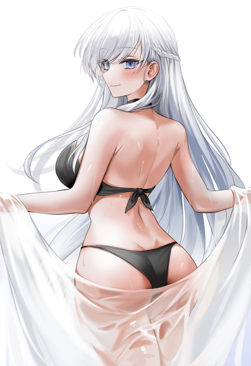 1girl, ass, azur_lane, bangs, belfast_(azur_lane), bikini, black_bikini, braid, breasts, cowboy_shot, eyebrows_visible_through_hair, french_braid, from_behind, highres, large_breasts, long_hair, see-through, smile, swept_bangs, swimsuit, violet_eyes, wet, wet_towel, white_background, white_hair, yuki_(asayuki101)