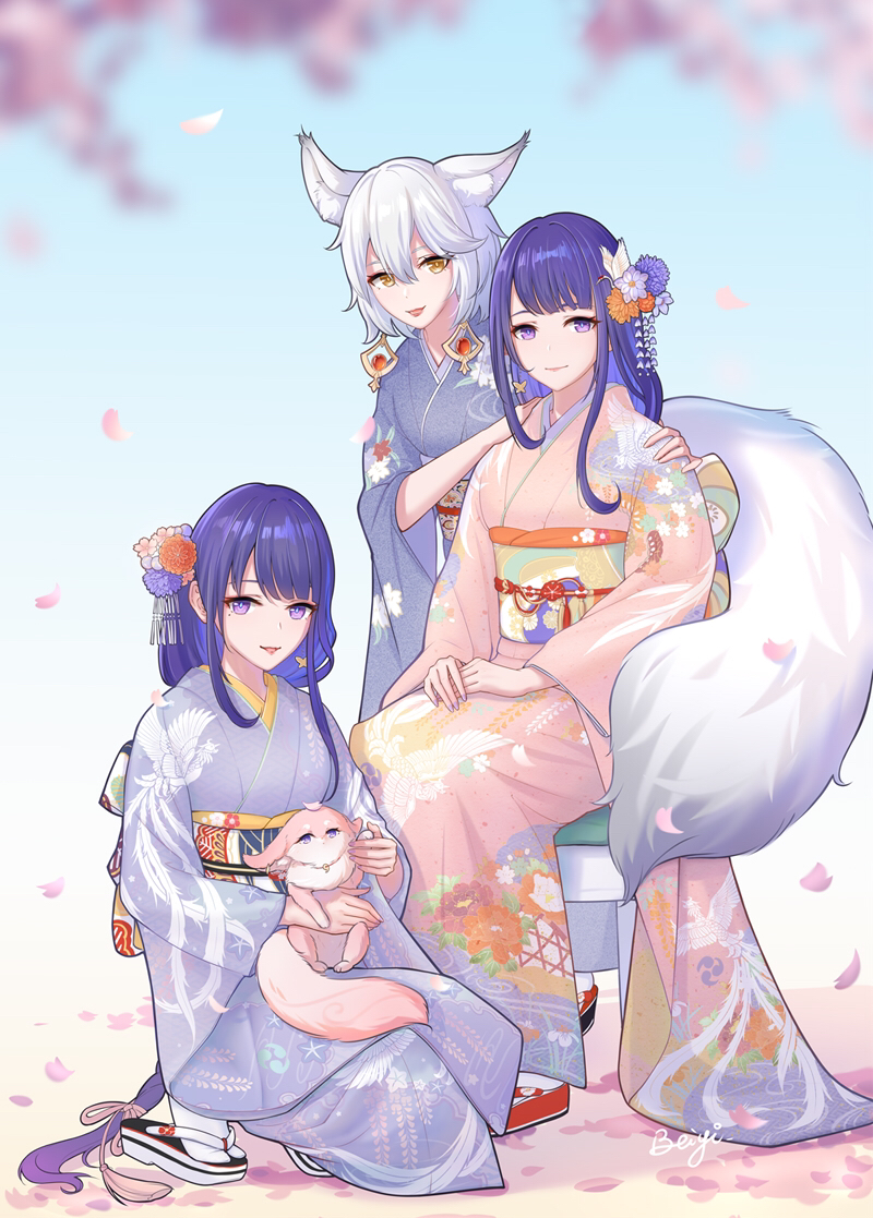 3girls, animal_ear_fluff, animal_ears, beiyi, dress, flower, fox, fox_ears