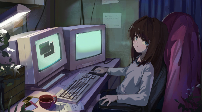 1girl, :o, bangs, blue_curtain, brown_hair, chair, crt, cup