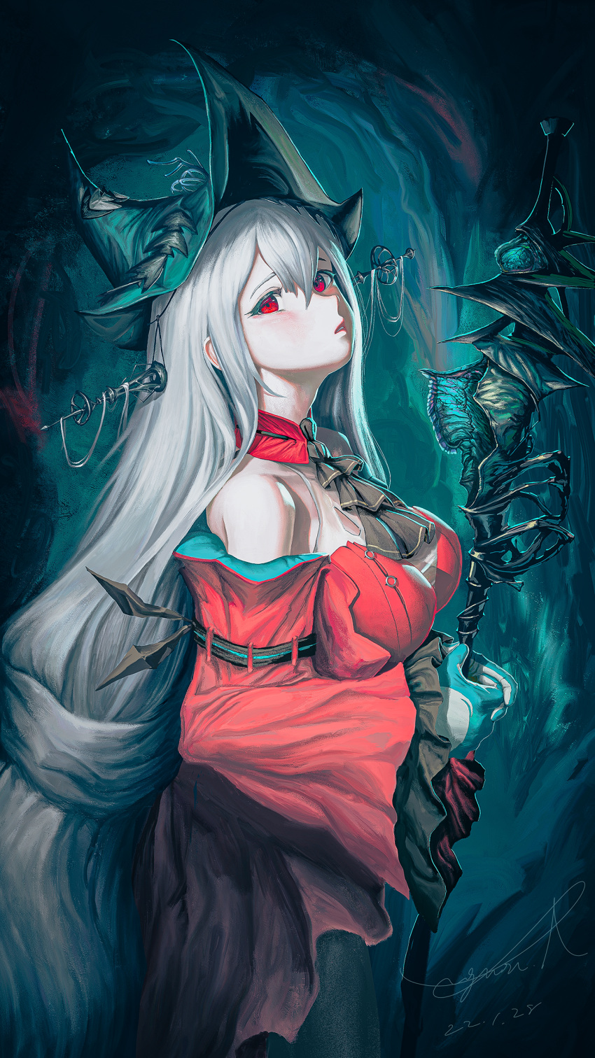 1girl, aqua_gloves, aqua_headwear, arknights, ascot, bangs, bare_shoulders, black_ascot, breasts, commentary_request, dated, detached_sleeves, dress, eyebrows_visible_through_hair, from_side, gloves, hair_ornament, hat, highres, holding, holding_staff, long_hair, long_sleeves, looking_at_viewer, looking_to_the_side, medium_breasts, official_alternate_costume, parted_lips, red_dress, red_eyes, short_dress, signature, silver_hair, skadi_(arknights), skadi_the_corrupting_heart_(arknights), solo, staff, suguru_tenkyoh, very_long_hair