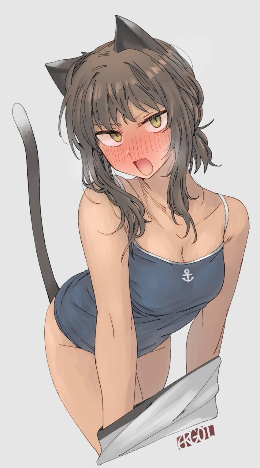 1girl, anchor_symbol, animal_ears, artist_logo, artist_name, black_hair, blue_camisole, blush, camisole, cat_ears, cat_tail, cropped_legs, ergot, fang, fubuki_(kancolle), fubuki_kai_ni_(kancolle), green_eyes, grey_background, highres, kantai_collection, kemonomimi_mode, open_mouth, short_hair, short_ponytail, simple_background, solo, spaghetti_strap, tail
