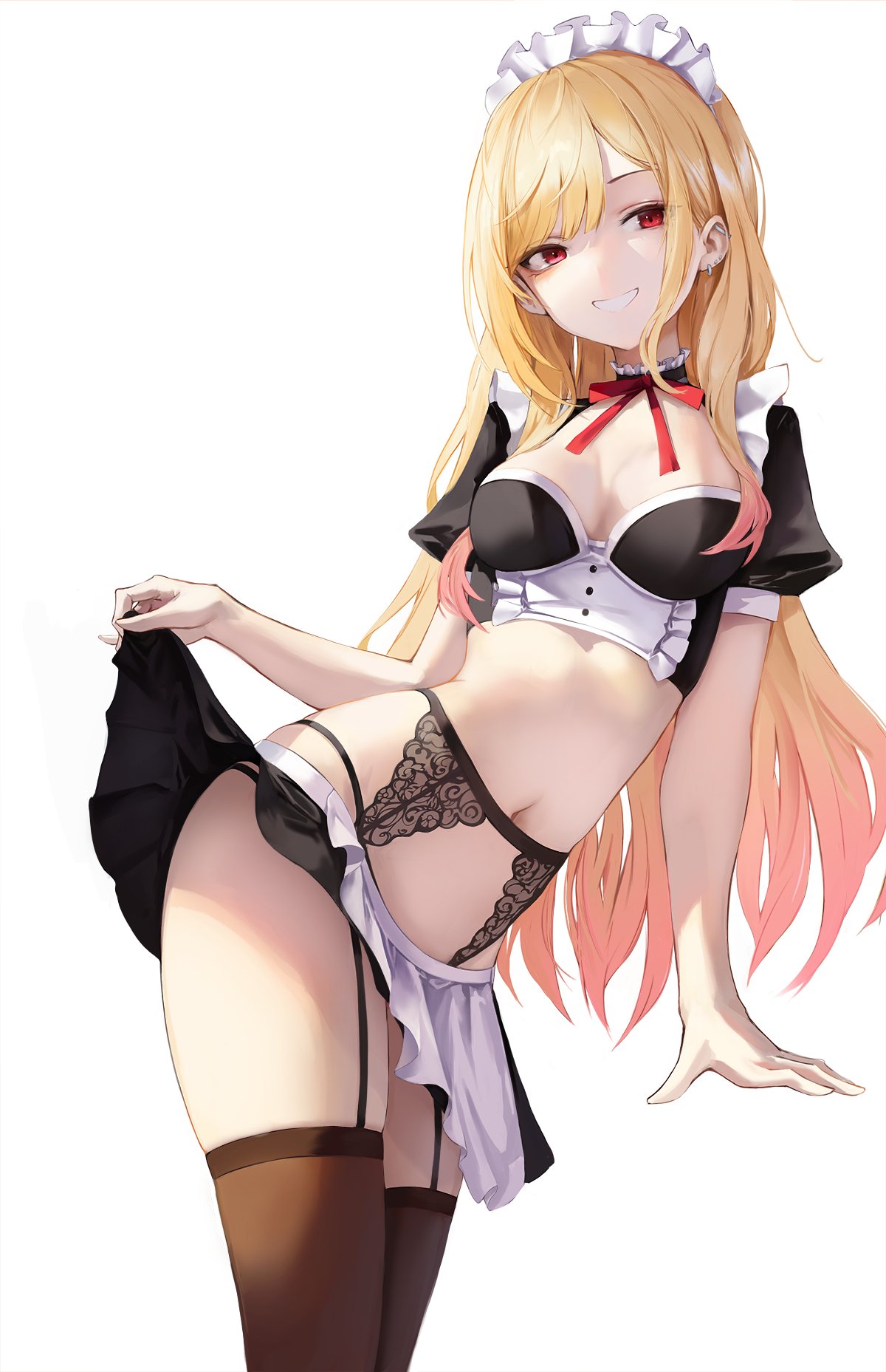 1girl, alternate_costume, apron, bad_id, bad_twitter_id, black_choker, black_shirt, black_skirt, blonde_hair, breasts, brown_legwear, choker, clothes_lift, cowboy_shot, crop_top, ear_piercing, earrings, enmaided, frilled_choker, frills, garter_belt, garter_straps, grin, highres, hiki_niito, jewelry, kitagawa_marin, lifted_by_self, maid, maid_apron, maid_headdress, medium_breasts, midriff, miniskirt, navel, neck_ribbon, panty_straps, piercing, red_eyes, revealing_clothes, ribbon, shirt, short_sleeves, skirt, skirt_lift, smile, solo, sono_bisque_doll_wa_koi_wo_suru, spaghetti_strap, stomach, thigh-highs