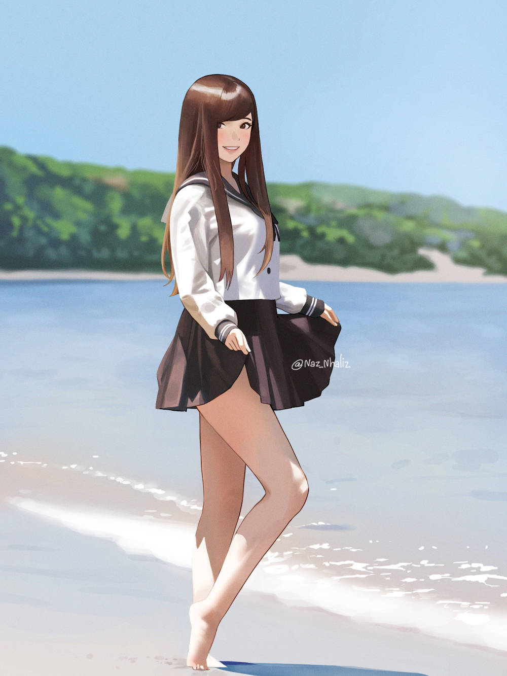 1girl, artist_name, bangs, bare_legs, barefoot, beach, black_sailor_collar, black_skirt