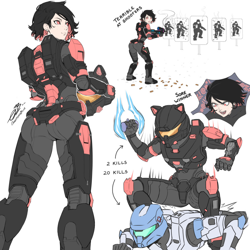 animal_ear_headwear, assault_rifle, black_hair, bullpup, clenched_hand, colored_inner_hair, energy_sword, english_commentary