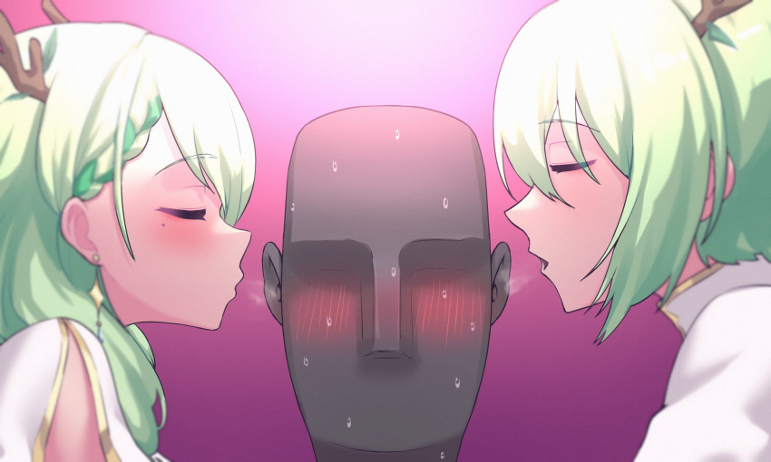 1boy, 1girl, asmr, binaural_microphone, blowing_in_ear, blush, ceres_faun, ceres_fauna