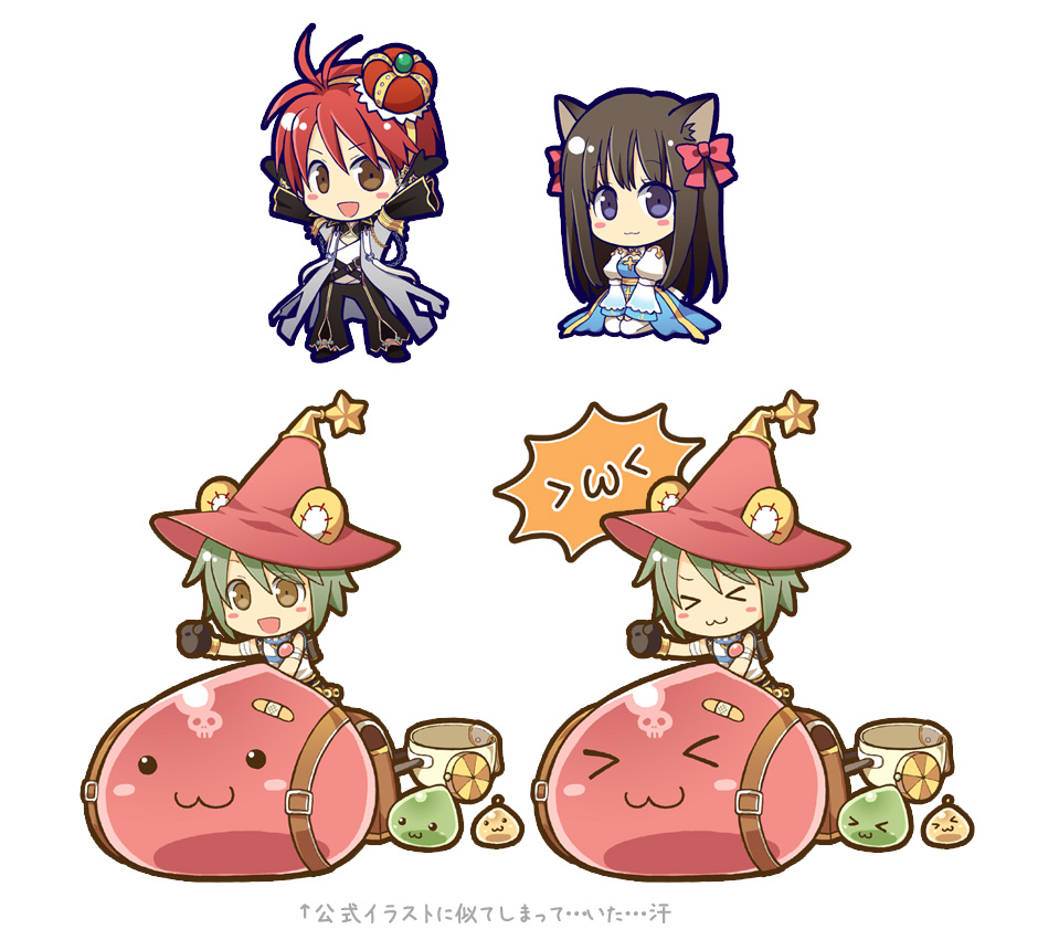 >_<, 1girl, 2boys, :3, animal_ears, antenna_hair, arch_bishop_(ragnarok_online), bandaid