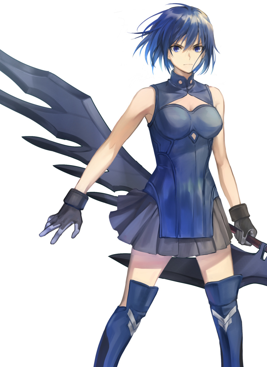 1girl, bangs, bare_shoulders, black_gloves, black_skirt, blue_dress, blue_eyes, blue_hair