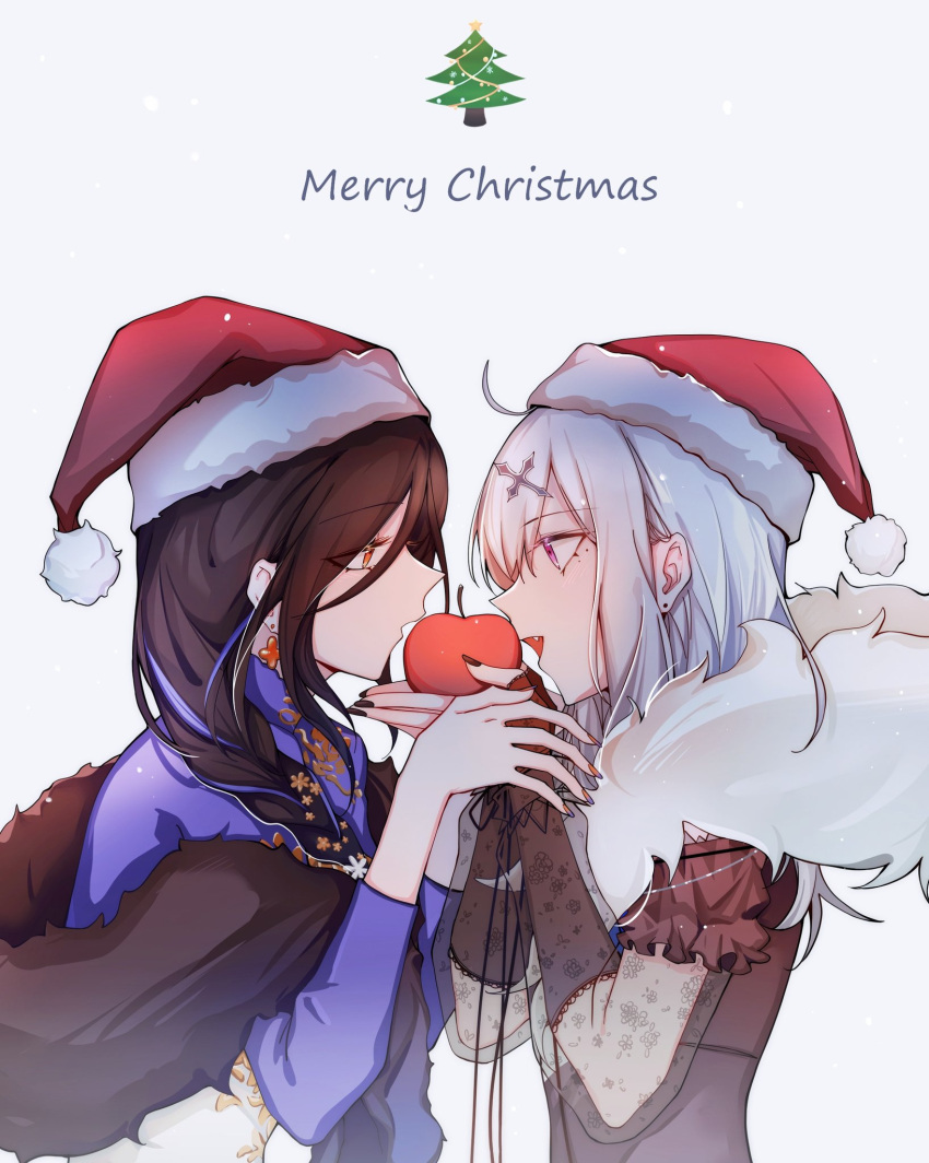 2girls, apple, black_dress, black_gloves, black_nails, braid, brown_hair, christmas_tree
