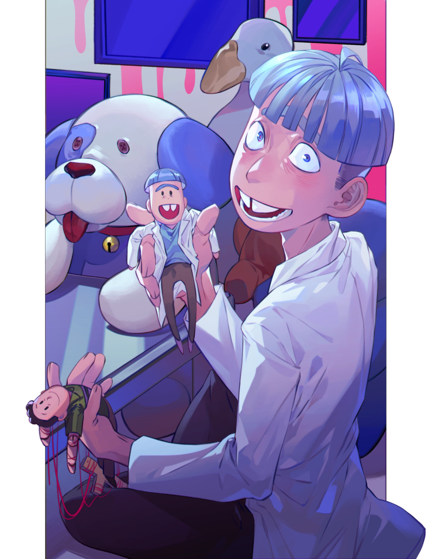 1boy, absurdres, blue_hair, doll, hanstrmoft, highres, jerry_smith, labcoat