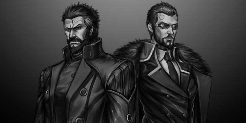 2boys, absurdres, adam_jensen, beard, berezovich_kryuger_(girls'_frontline), coat, coat_on_shoulders, commentary_request