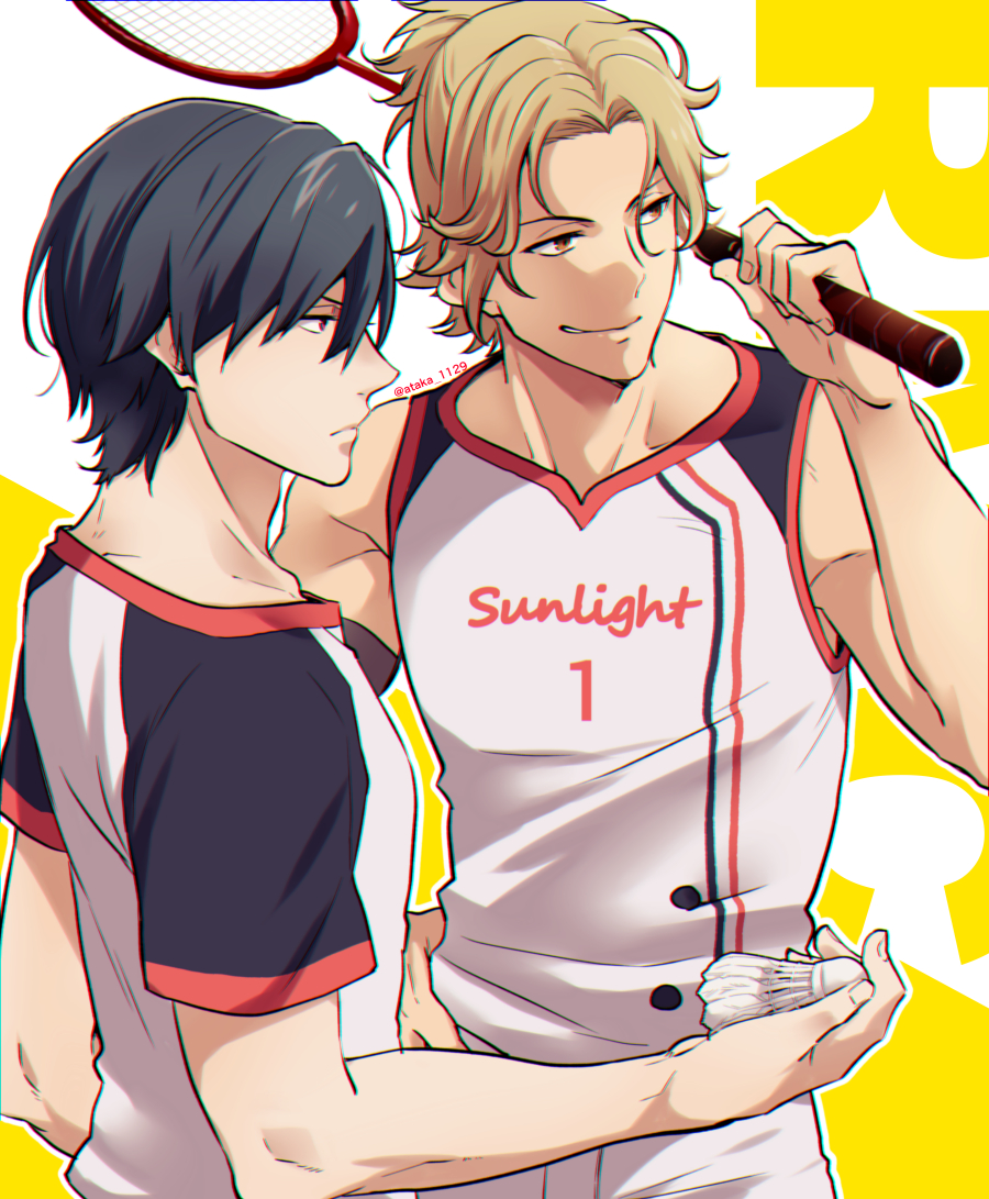 2boys, artist_name, ataka_takeru, badminton_racket, black_hair, blonde_hair, brown_eyes, frown