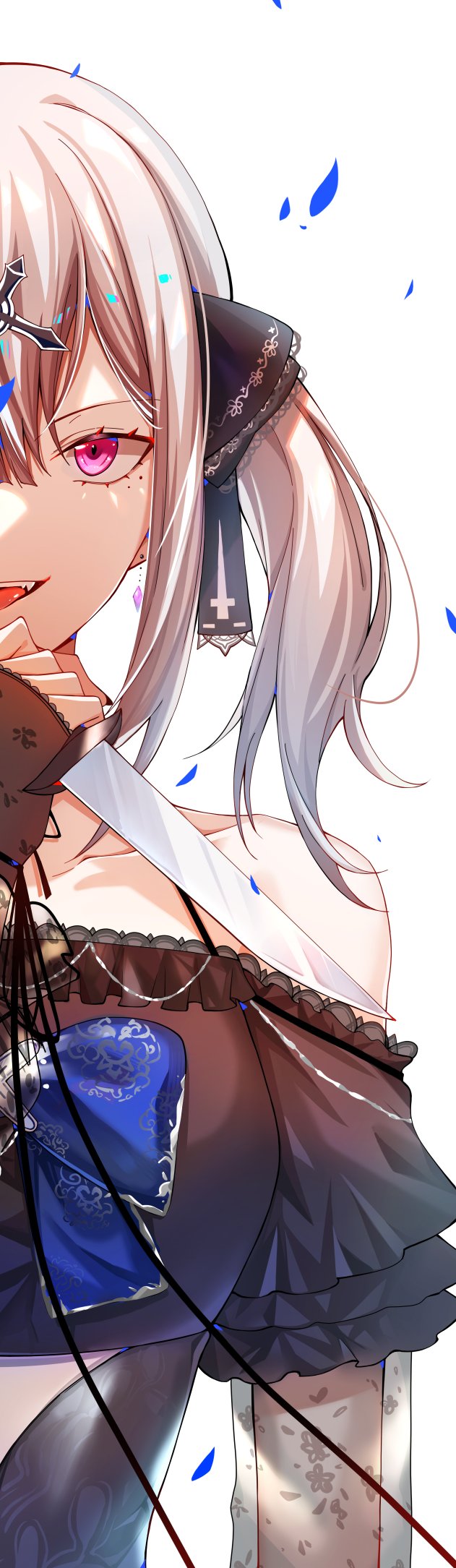 1girl, black_dress, black_gloves, black_ribbon, blue_bow, bow, commentary, dress
