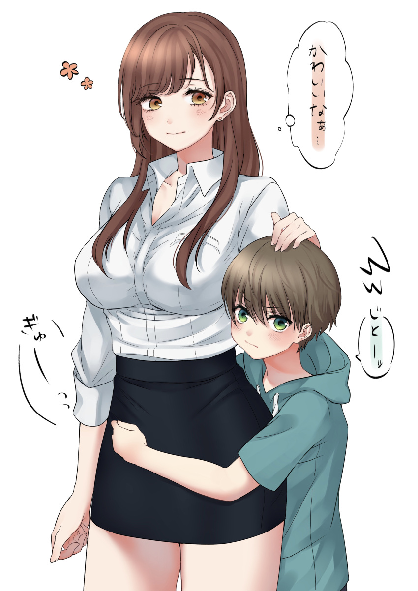 1boy, 1girl, absurdres, age_difference, black_skirt, blush, breast_pocket, breasts, brown_hair, child, closed_mouth, collared_shirt, cowboy_shot, earrings, eyebrows_visible_through_hair, green_eyes, green_hoodie, hand_on_another's_head, hetero, highres, hood, hood_down, hoodie, hug, impossible_clothes, jewelry, large_breasts, looking_at_viewer, mature_female, motion_lines, onee-shota, original, pencil_skirt, pocket, revision, shirt, shirt_tucked_in, simple_background, size_difference, skirt, speech_bubble, standing, thought_bubble, translated, white_background, white_shirt, yuuki_mero