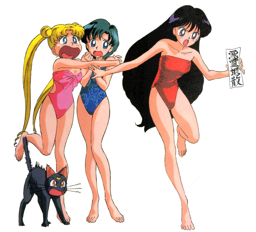 1990s_(style), 3girls, barefoot, bishoujo_senshi_sailor_moon, black_cat, black_eyes, black_hair, blonde_hair, blue_eyes, blue_hair, blue_swimsuit, casual_one-piece_swimsuit, cat, double_bun, highres, hino_rei, hiss, long_hair, luna_(sailor_moon), mizuno_ami, multiple_girls, non-web_source, official_art, ofuda, one-piece_swimsuit, open_mouth, pink_swimsuit, red_swimsuit, retro_artstyle, scared, short_hair, simple_background, standing, strapless, strapless_swimsuit, swimsuit, tears, tsukino_usagi, twintails, very_long_hair, white_background