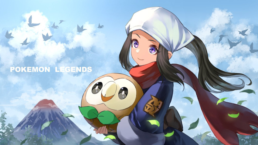 1girl, akari_(pokemon), bird, black_hair, closed_mouth, clouds, commentary_request, danryoku_(ucrh3525)