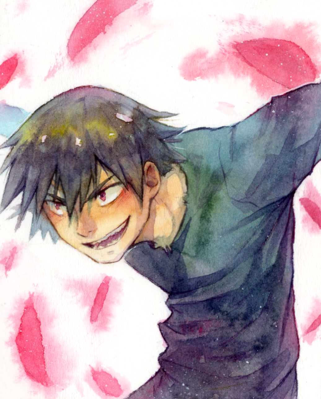 1boy, artist_request, black_hair, black_shirt, cherry_blossoms, happy, highres, hoshi_no_samidare