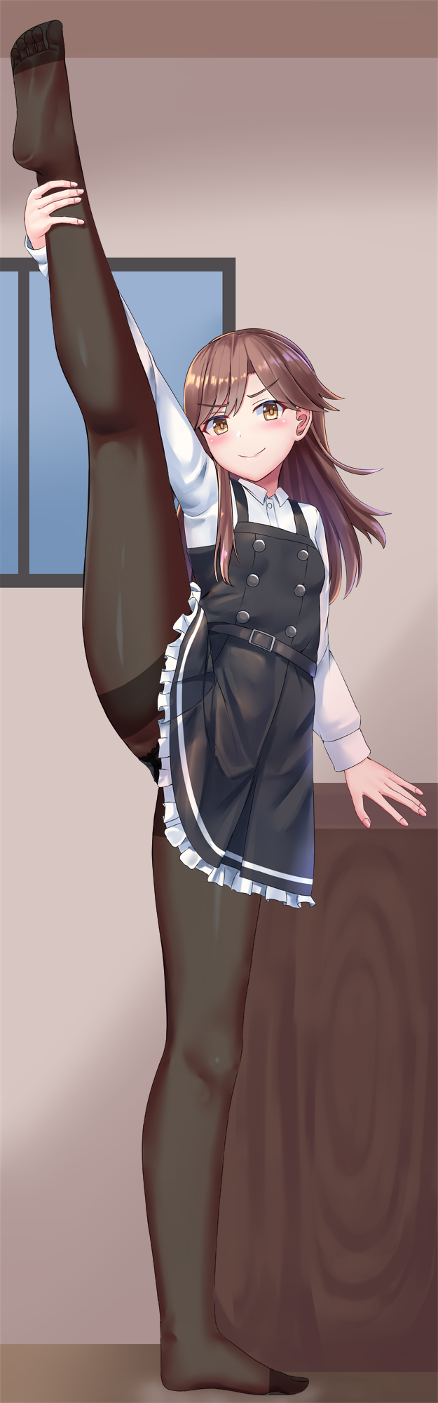 1girl, arashio_(kancolle), belt, black_legwear, black_panties, breasts, brown_eyes, brown_hair