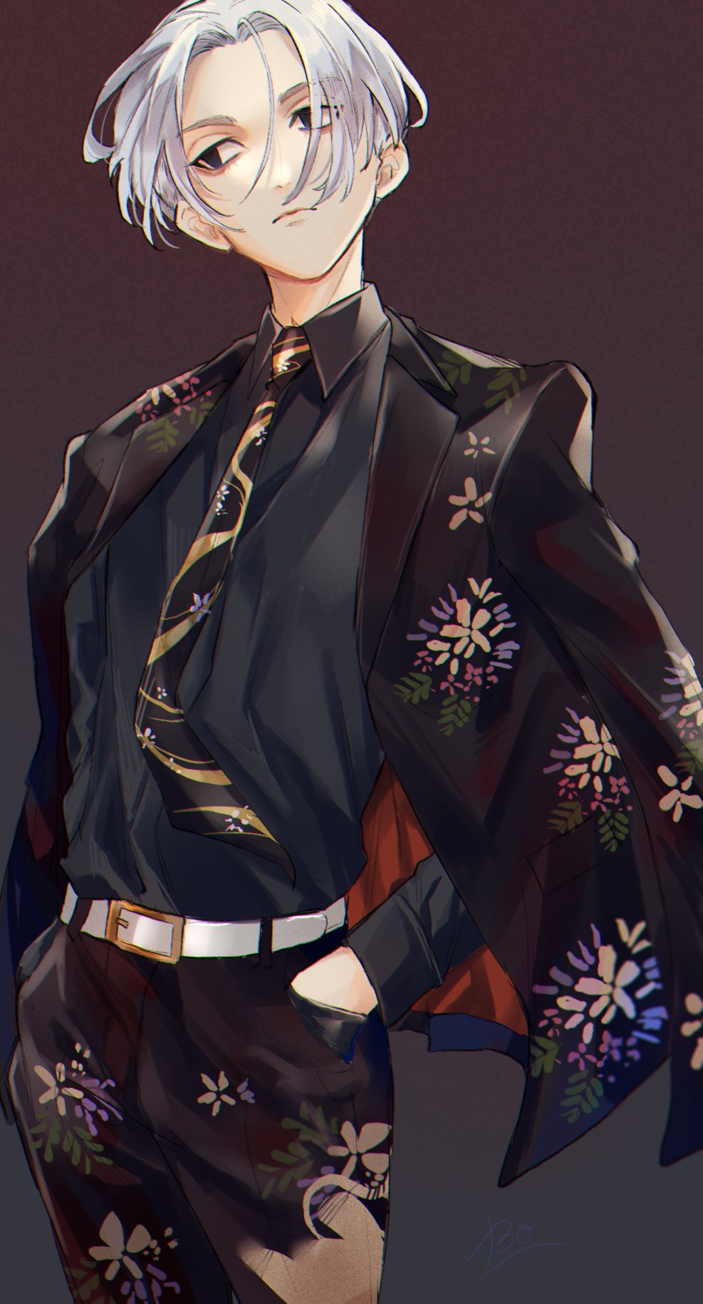 1boy, belt, black_background, black_eyes, black_jacket, black_neckwear, black_pants, black_shirt