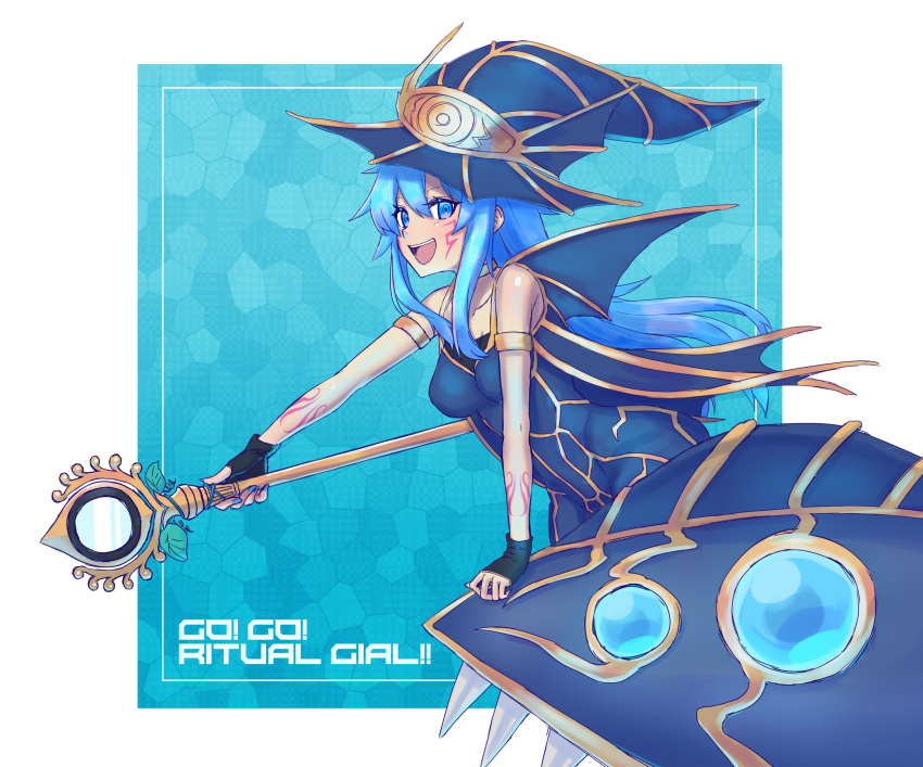 1girl, armlet, armpits, blue_eyes, blue_hair, duel_monster, evigishki_mind_augus, facial_mark