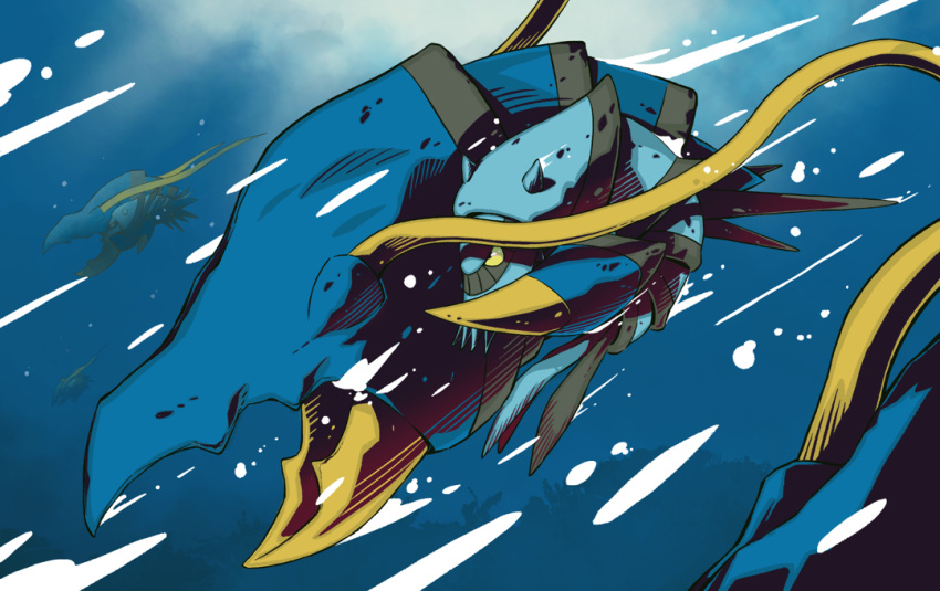 air_bubble, angry, animal_focus, bubble, clawitzer, commentary_request, looking_down, no_humans, pincers, pokemon, pokemon_(creature), solo, sunaxet, underwater, yellow_eyes